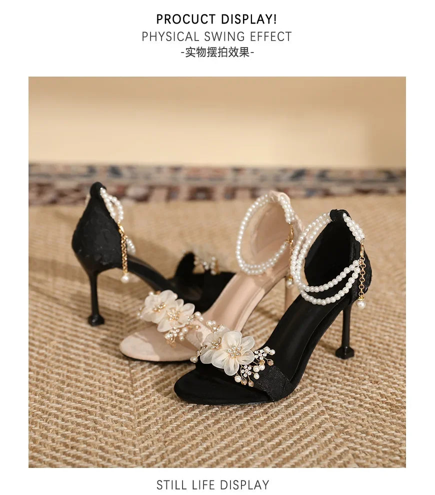 Small Size 31 32 33-43 Women Peep Toe Sandals Wedding Heels Wide Fat Feet Shoes for Women Pearl Flower Bridal Shoes Zaptos Mujer
