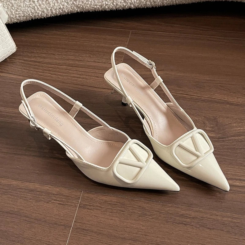 2025 Summer New 41-42 Large Size French Sandals Women's V Buckle Pointed Stilettos, Rear Empty Skirt High Heels