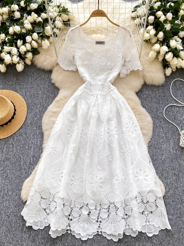 France Elegant Fashion Slim Evening Dress Women Hollow Out Lace Crochet Party Dress Female Casual Chic High End Clothing New