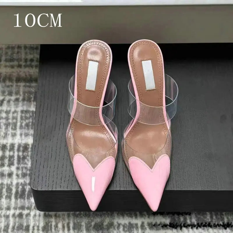 2025 Colorful Heart-Shaped Transparent Sexy Patchwork Color Sandals Women'S Half-Toe Pointed Toe Slippers 6cm/8cm/10cm