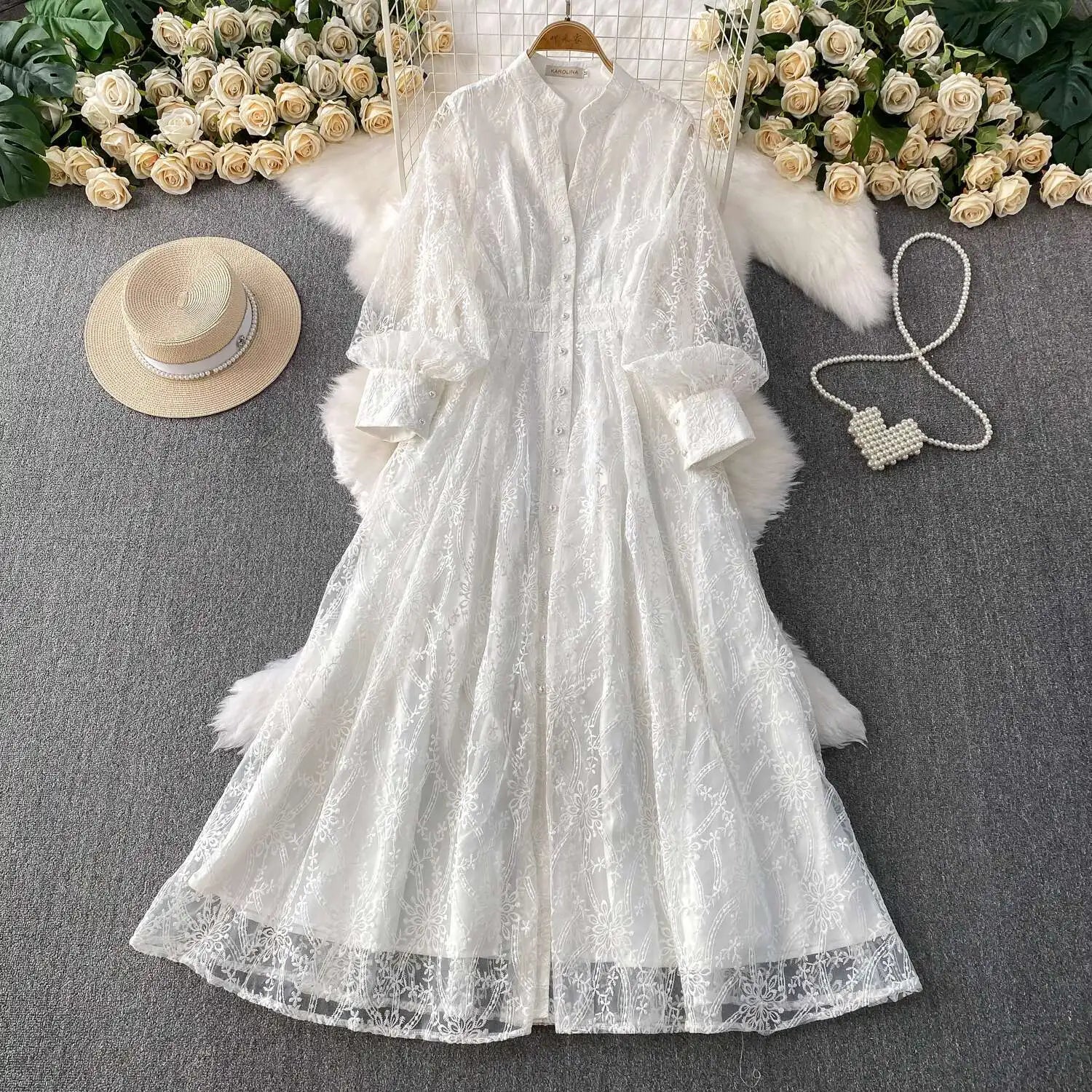 Autumn Embroidery Formal Evening Luxury Dress For Women Long Sleeve Crochet Lace Summer Dresses Single Breasted Party Vestidos