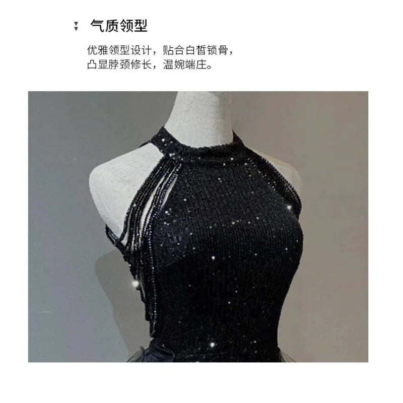 Black Sequined Evening Dress, High-end Light Luxury Hanging Neck Dress, High-end Feeling, Annual Meeting Art Exam for Women
