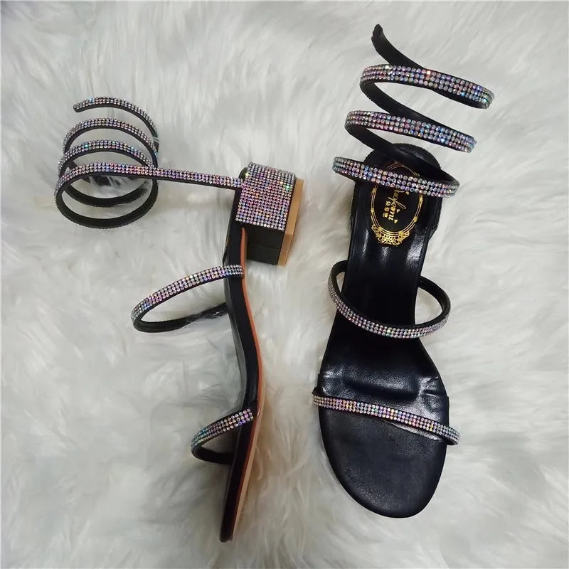 Summer Fashio 4CM Thick Heel Gladiator Sandals Women Flat Sandals Snake Punk Rhinestone Women Sandals Wedding Shoes