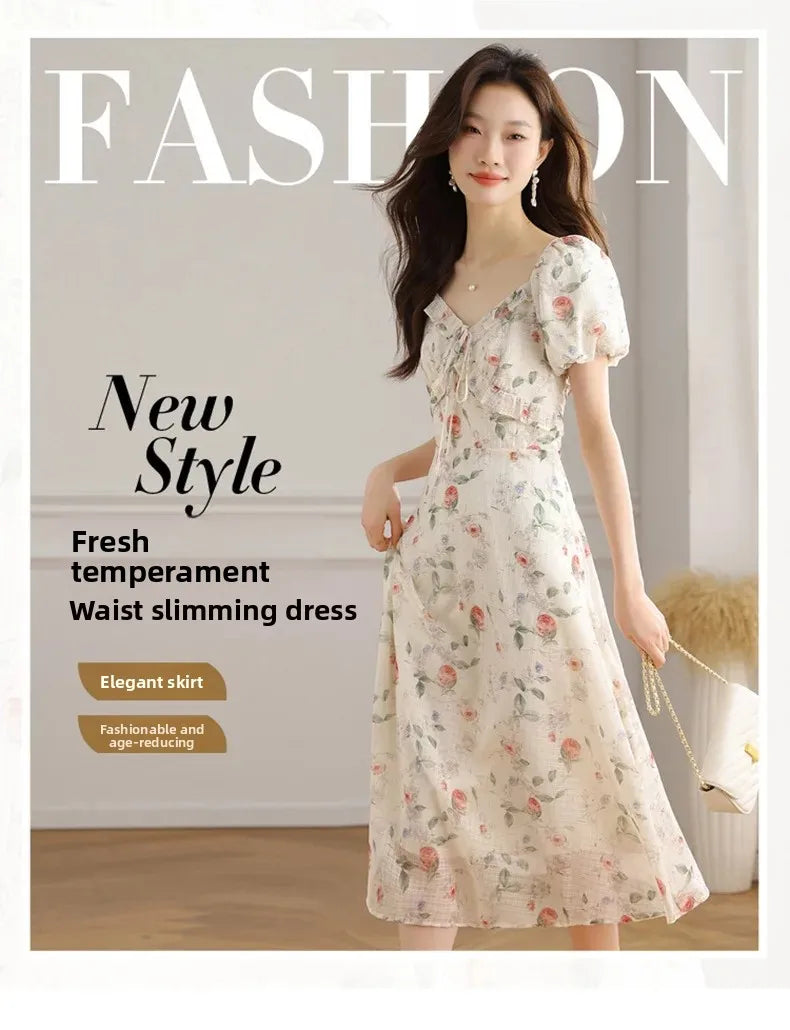 Elegant Summer Dress with Bubble Sleeves And Bellflower Pattern Slimming Empire Waist Knee-Length Polyester Fiber Short Sleeve