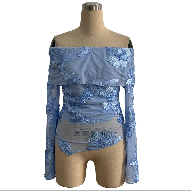 Sexy Irregular Off Shoulder Printed Long Sleeve T-Shirt Women Elegant Slim Fit T Shirts For Women Fashion Tops Tee