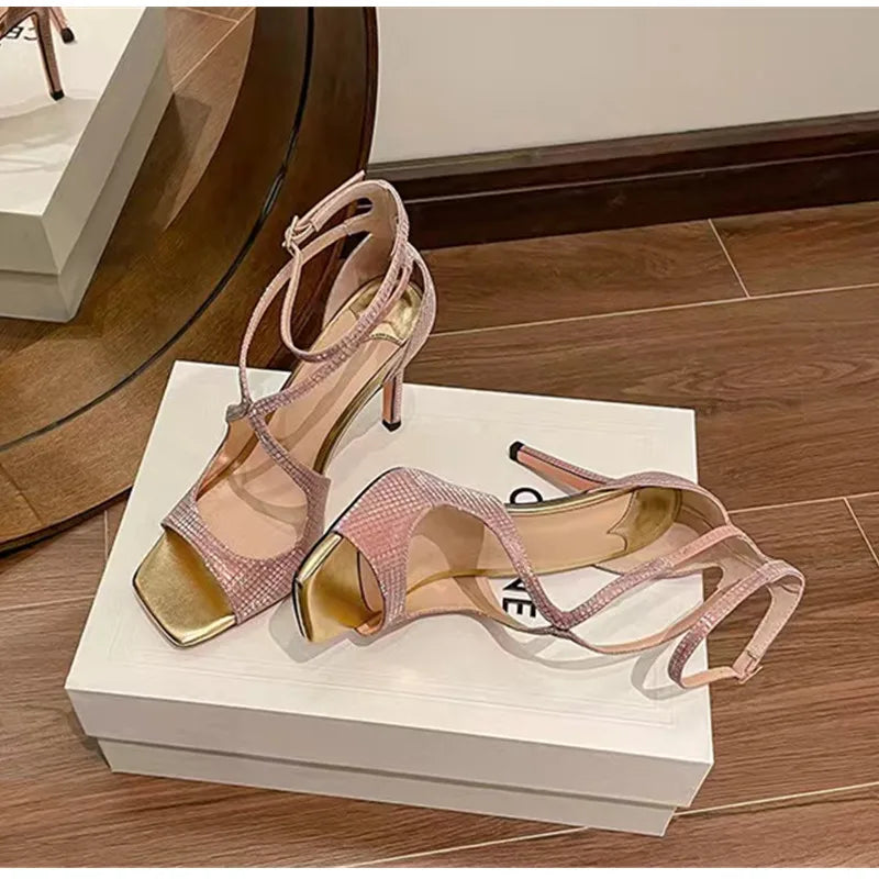 Fashion Patent Leather Peep toe Women Gladiator Sandals Sexy Narrow band Ankle Strap Gold Stiletto High heels Summer Party Shoes