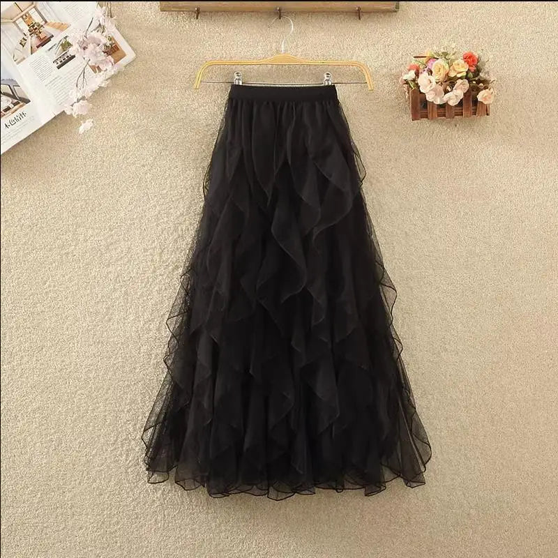 Women's Elegant Wave Pattern Fairy Mesh Ruffle Skirt High Waist A-Line Large Swing Long Skirt Half Body Skirts Ropa Para Mujer