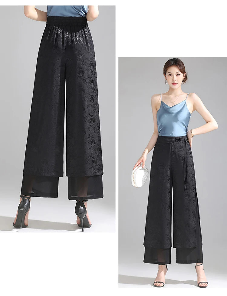 Chiffon Wide Wide Trousers Female Elegant Vintage New Pants Summer Thin Split Loose Skirt Pants Women Black Green