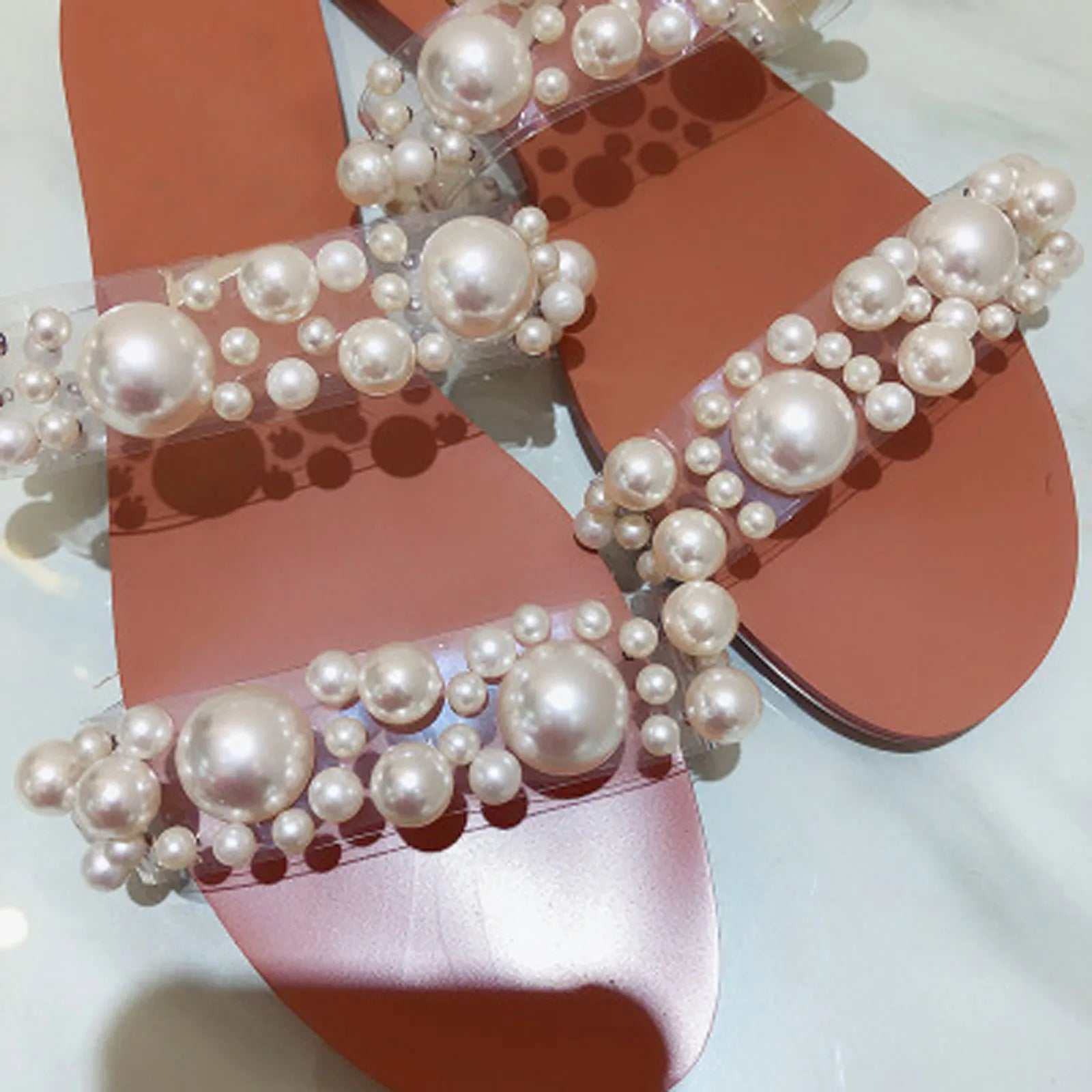 Bohemian Style Women's Pearl Open-Toe Flat Sandals Crystal Flip-Flops Summer New 2025 Transparent Flat Sandals