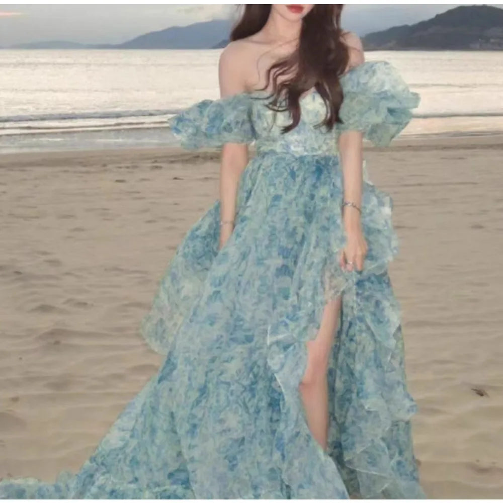 French Vintage Square Collar puff sleeve ruffle Dress A-line Chic Casual Beach Vacation Women Summer sweet dresses