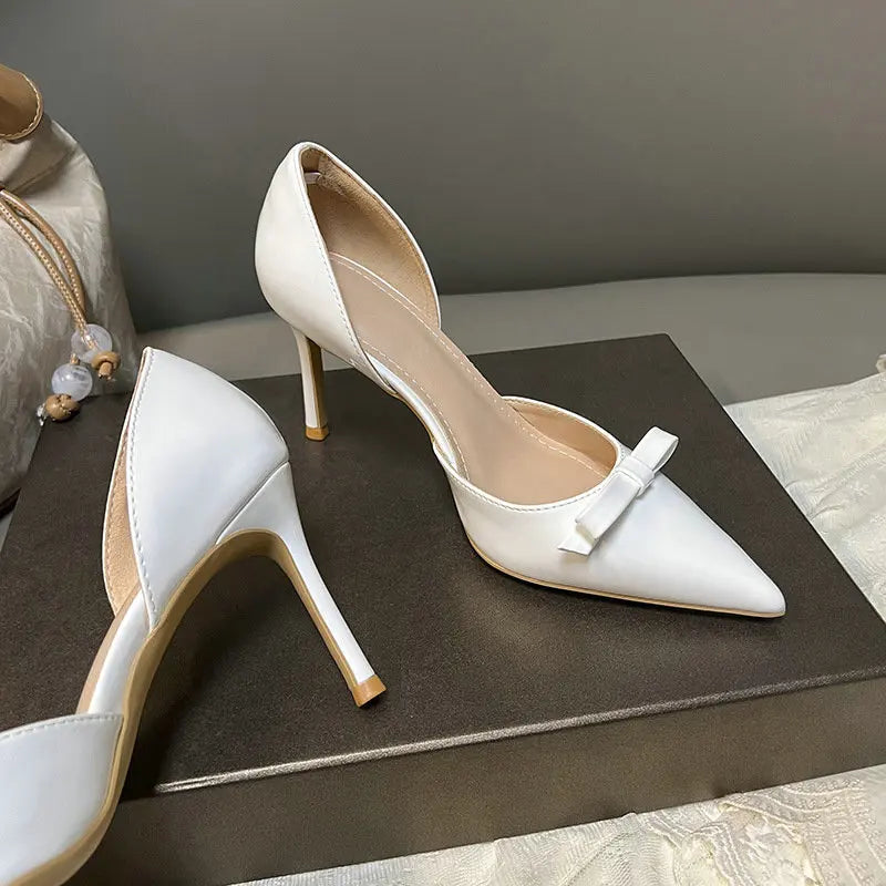 New Autumn Patent Leather Nude High Heels Thin Heel Pointed Bow Korean Version Summer Senior Feeling Hollow Female Pumps