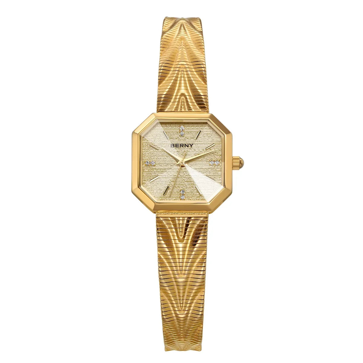 BERNY Gold Watch for Women Grit Dial Octagonal Ladies Quartz Wristwatch Stainless Steel Women Small Golden Watch Luxury Watches