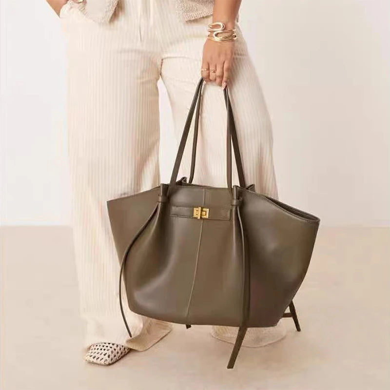 Brand Wing Shaped Handbag Luxury Gold Lock Buckle Design Tote Bag Women Large Capacity Shopping Bag Elegant Commute Underarm Bag