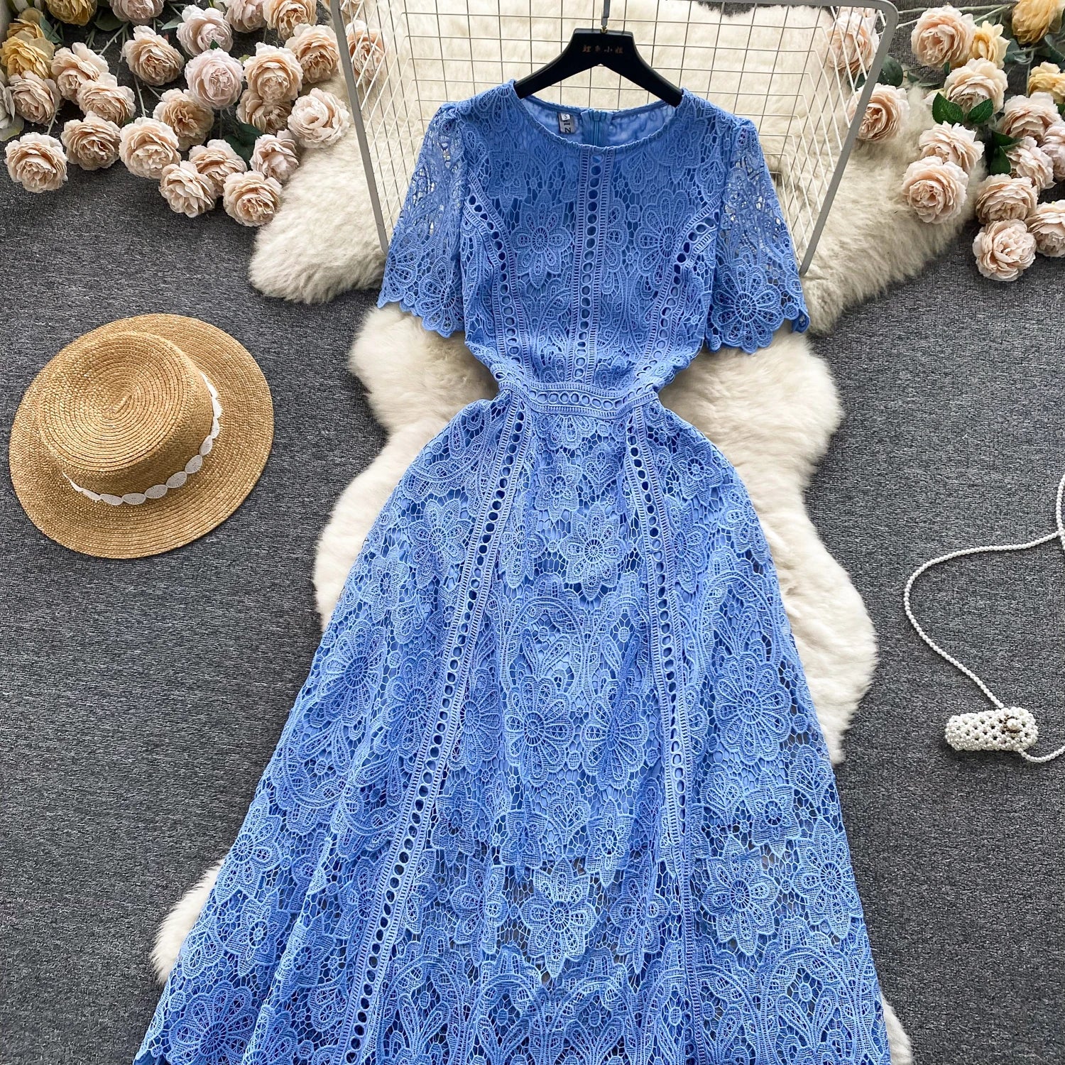 Embroidery Crochet Hollow Out Lace Dress For Women Summer Fashion Runway Short Sleeve Slim Waist Casual Party Midi Vestidos 6931