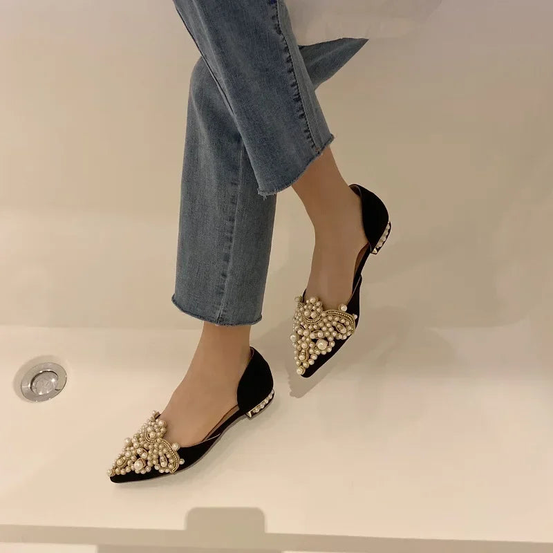 2024 Trend Pearl Ballet Flats Women Pumps Floors Shoes Without Heels Loafers Female Dress Moccasins Ladies Luxury Autumn Zapatos