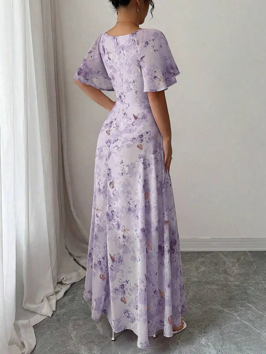 Women's Sweet French Style Mini Dress with Purple Butterfly Print, Batwing Sleeves & Back Zipper