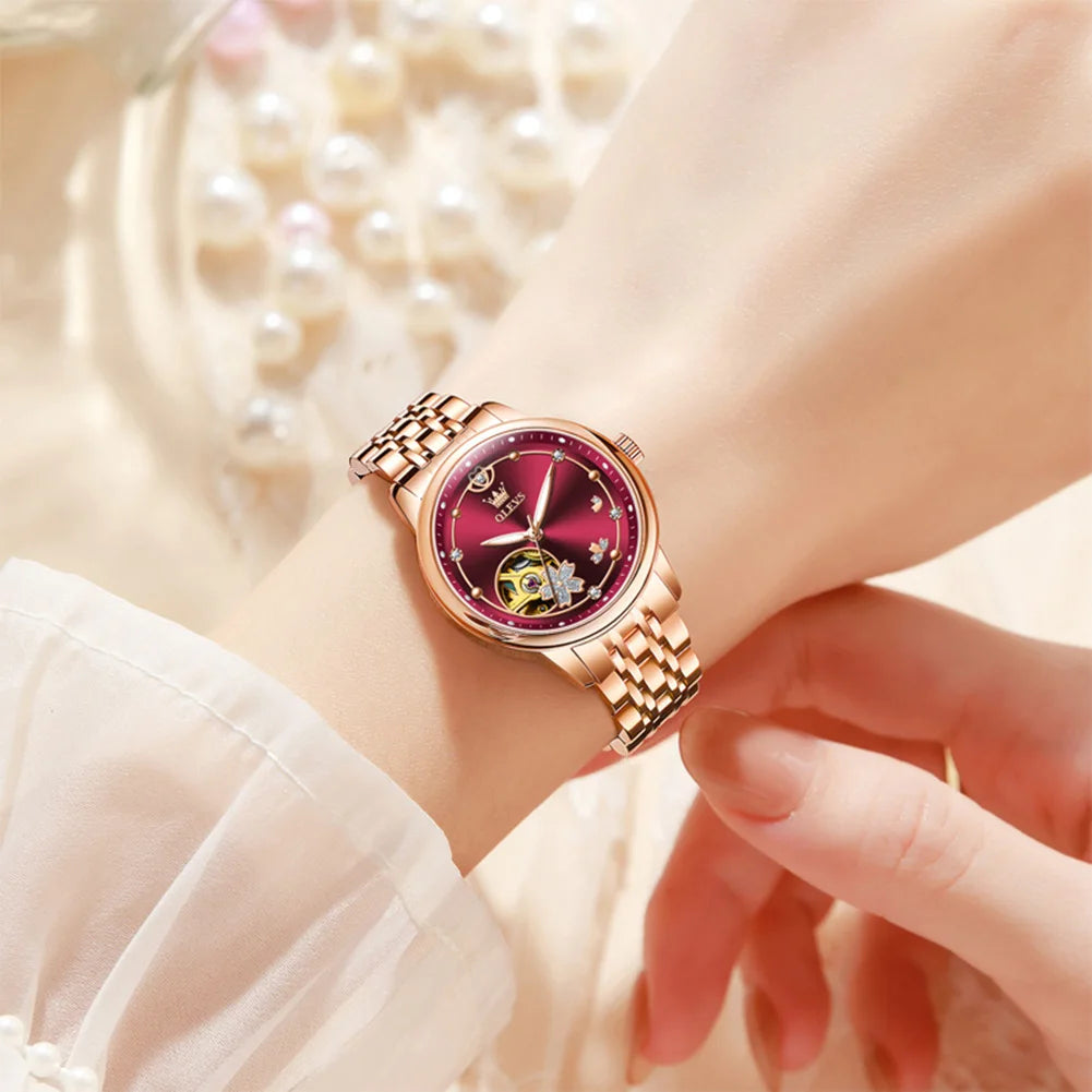 OLEVS Original Rhinestone Flower Design Watch Women's Luxury Rose Gold Watch Wine Red Automatic Mechanical Watch Birthday Gift
