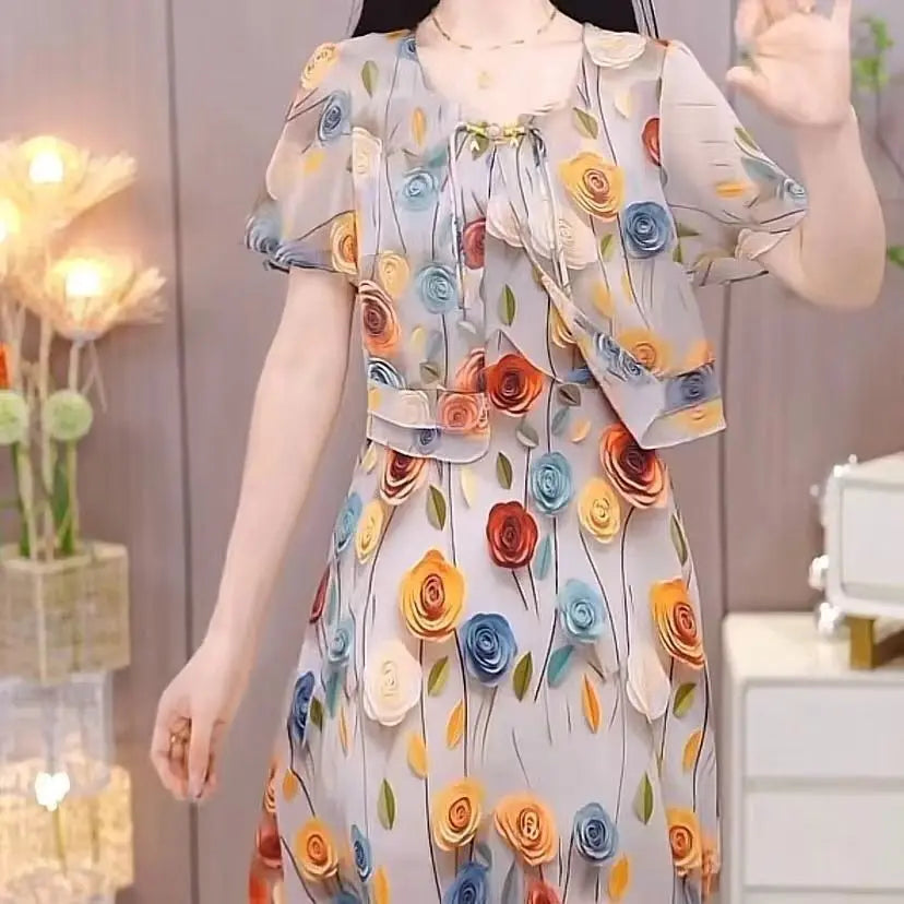 Women's Exquisite Printed Short Sleeved Dress 2024 Summer New Elegant And Beautiful Medium-length Shirt Skirt Mother's Outfit