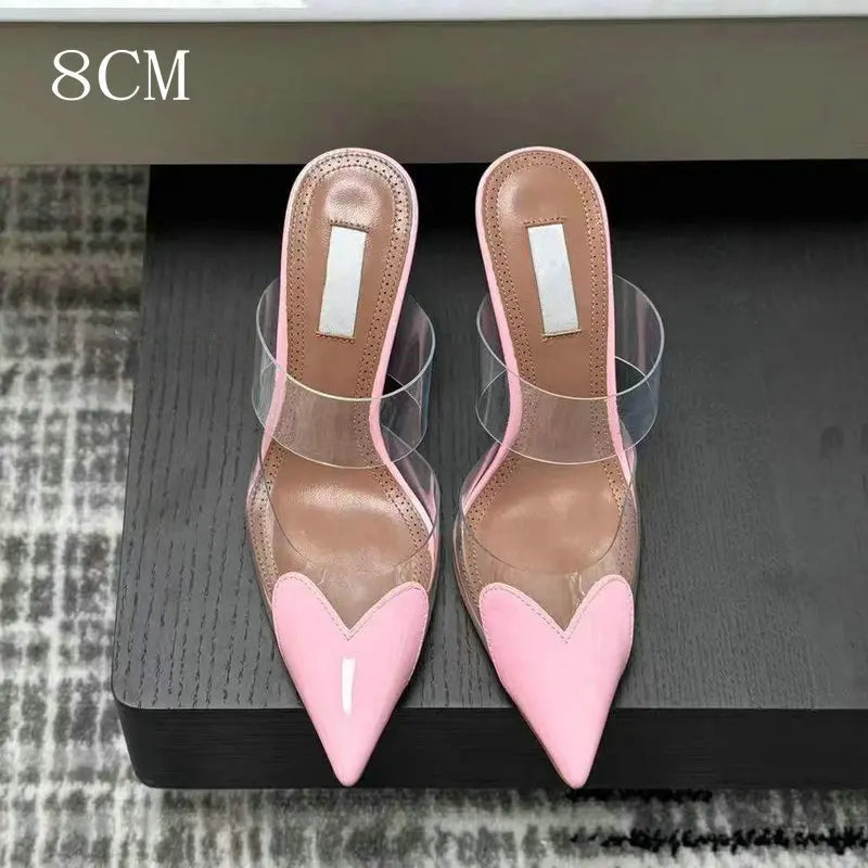 2025 Colorful Heart-Shaped Transparent Sexy Patchwork Color Sandals Women'S Half-Toe Pointed Toe Slippers 6cm/8cm/10cm