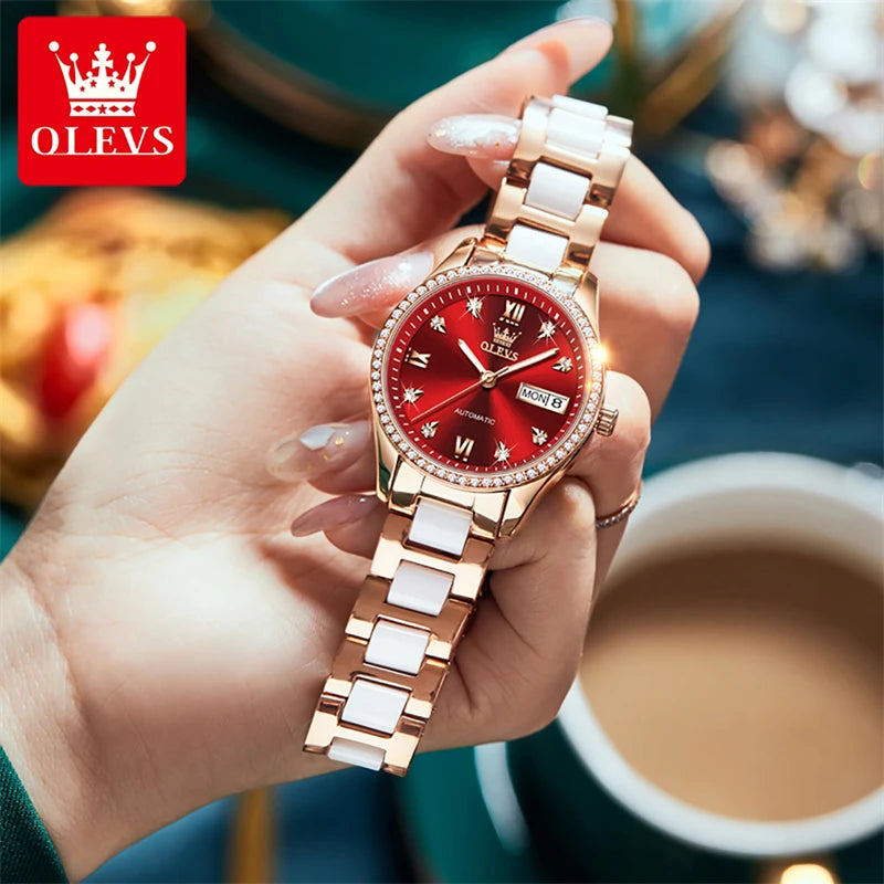 OLEVS Fashion Women Mechanical Watches Luxury Diamond Ceramic Strap Waterproof Luminous Week Calendar Automatic Watch For Women