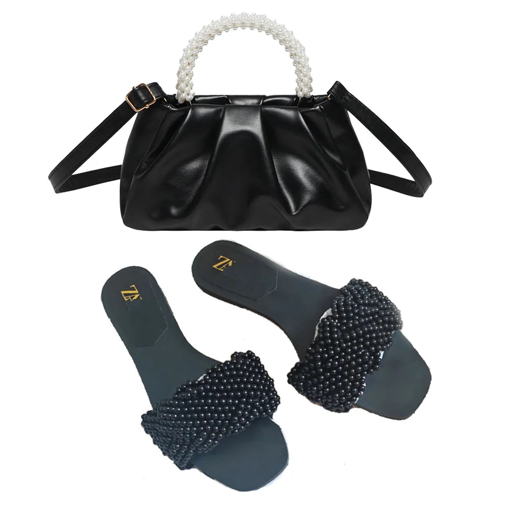 2025 Summer New Product Women's Shoes White Pearl Weaving Flat Sandals Outerwear Fashion Cool Slippers Pearl Bag Shoe Bag Set