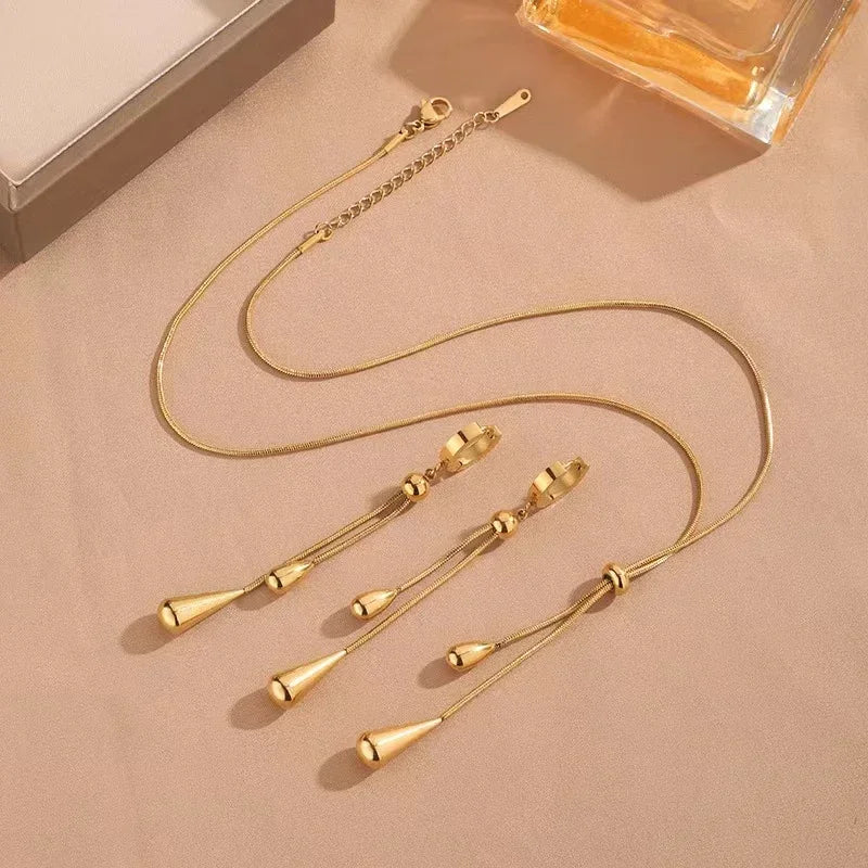 Stainless Steel New Fashion Jewelry Sets Pulling Adjustment Droplet Shape Charm Chain Choker Necklaces Earrings for Women