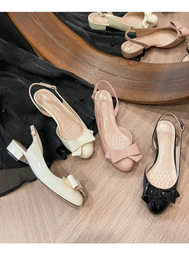 French-Style Bow Head-Toe Sandals For Women 2025 Summer New Style Chunky Heel Patent Leather High Heel Mid-Heel Sandals