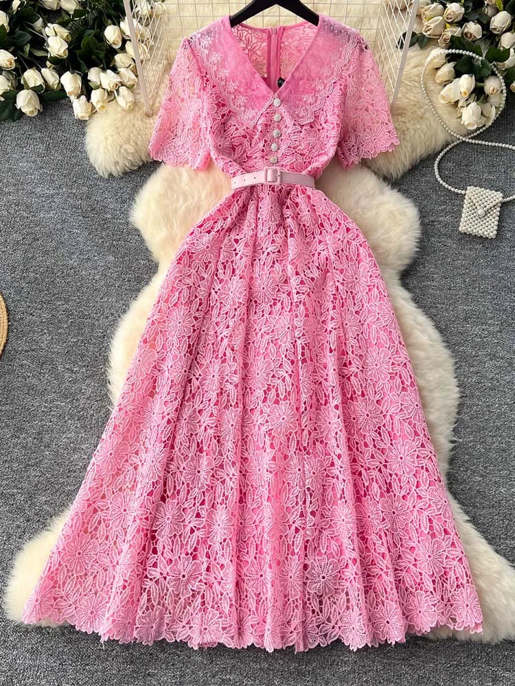 Luxury Pink Lace Midi dress with belt Women's 2025 Summer Elegant V-neck Rhinestone buttons Dresses Party clothing INKEO 4D094