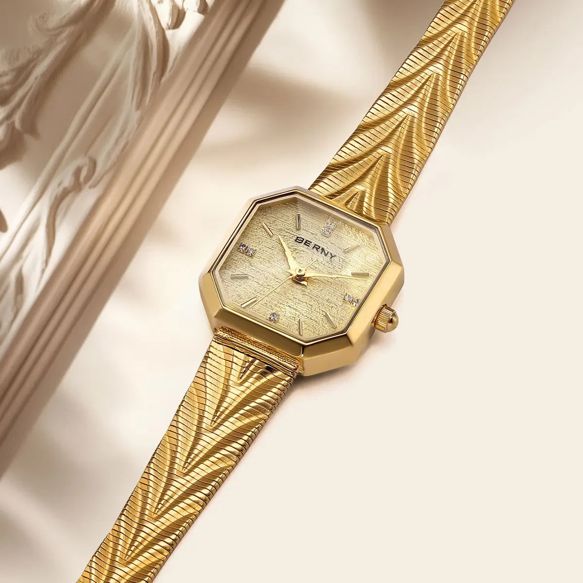 BERNY Gold Watch for Women Grit Dial Octagonal Ladies Quartz Wristwatch Stainless Steel Women Small Golden Watch Luxury Watches