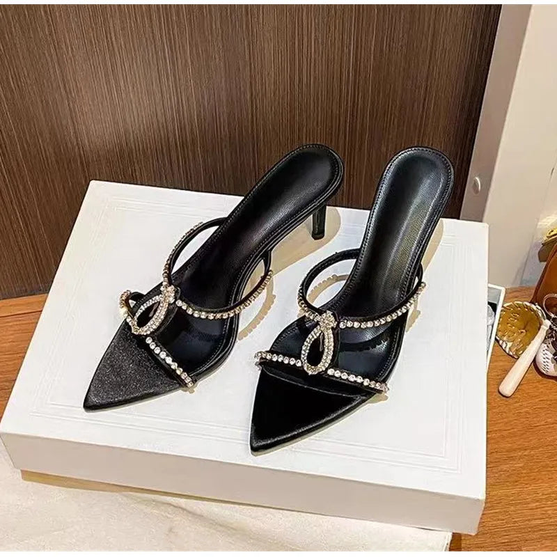 Luxury Rhinestones Gem Women Slippers Sandals Elegant Pointed toe Stiletto High heels Mules Slides Fashion Summer Party Shoes