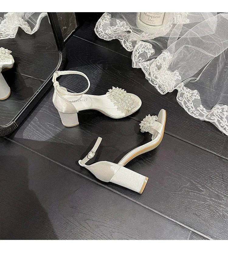 2025 New Style Thick Heel Line With Round Head Large Size Sandals Pearl Buckle High Heel White Bridal Wedding Shoes For Female