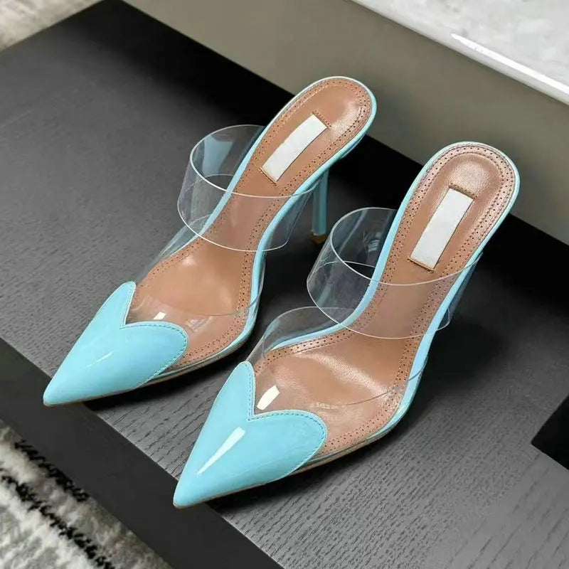 2025 Colorful Heart-Shaped Transparent Sexy Patchwork Color Sandals Women'S Half-Toe Pointed Toe Slippers 6cm/8cm/10cm
