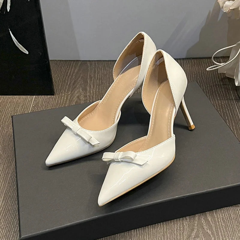 New Autumn Patent Leather Nude High Heels Thin Heel Pointed Bow Korean Version Summer Senior Feeling Hollow Female Pumps
