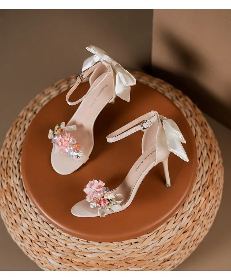 Summer Fashion Shoes Woman Pumps Open Toe Satin Flower Bow Buckle High Heels Ladies Sandals Women's Dress Wedding Party Shoes