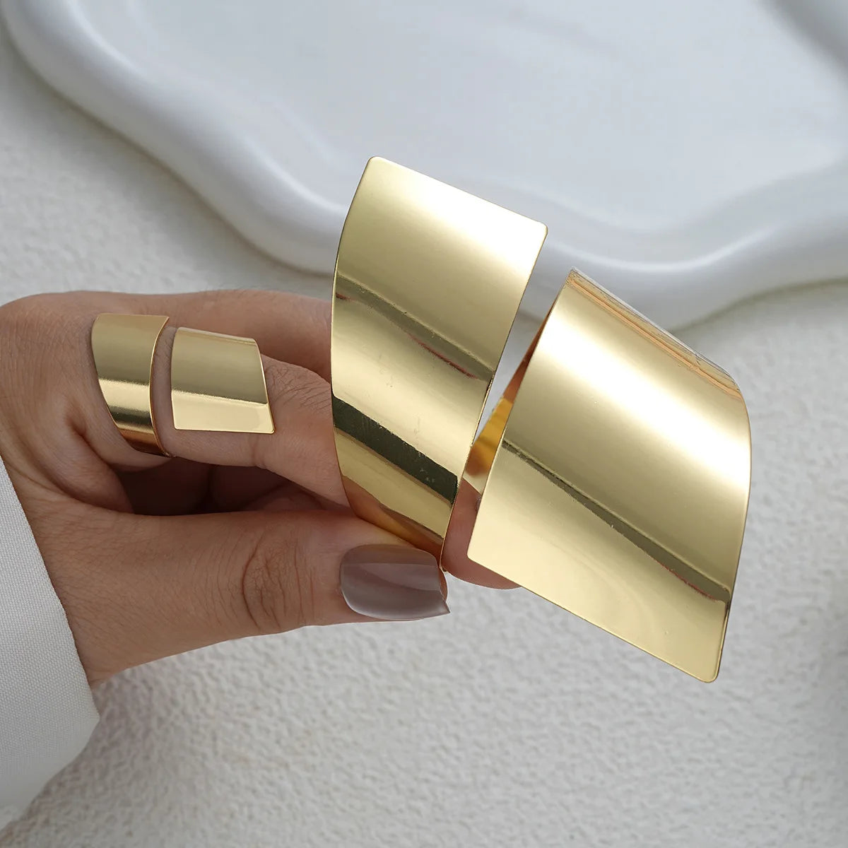 Exaggerated Creativity Irregular Geometric Wide Cuff Bracelet Ring Set for Women Simple Fashion Hand Jewelry Hot Sale Party Gift