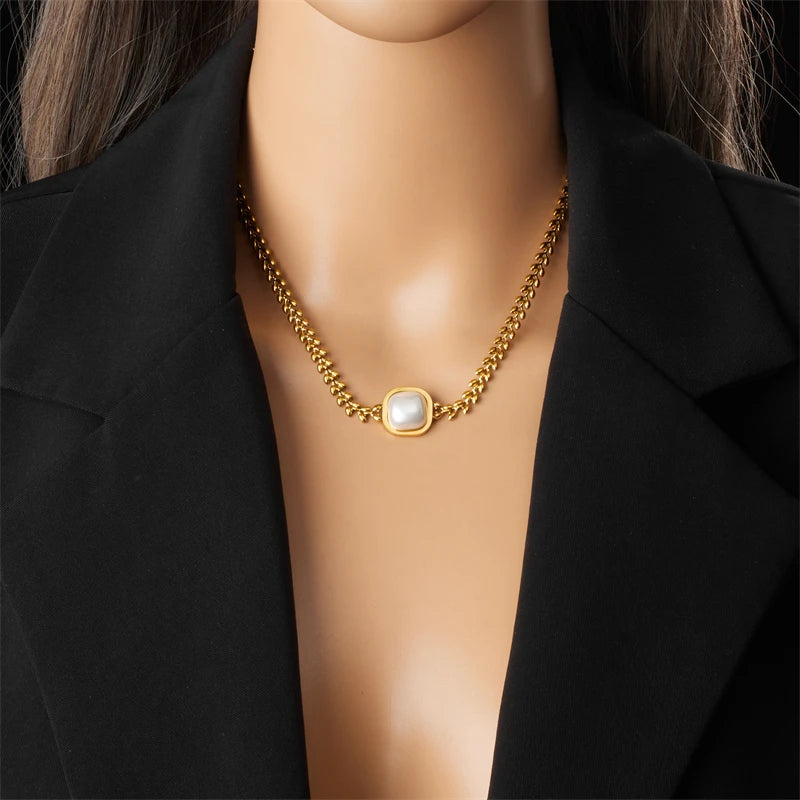 DIEYURO 316L Stainless Steel Square Large Pearl Necklace Earrings Ring For Women Girl New Party Gift Fashion Jewelry Set Bijoux
