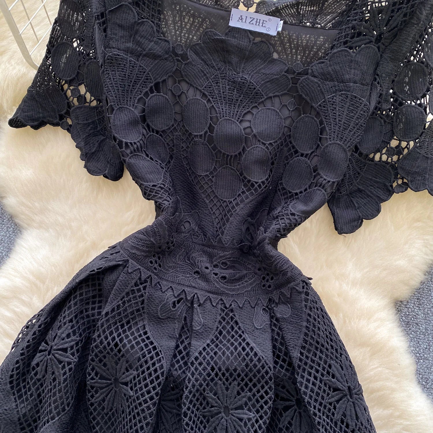 France Elegant Fashion Slim Evening Dress Women Hollow Out Lace Crochet Party Dress Female Casual Chic High End Clothing New