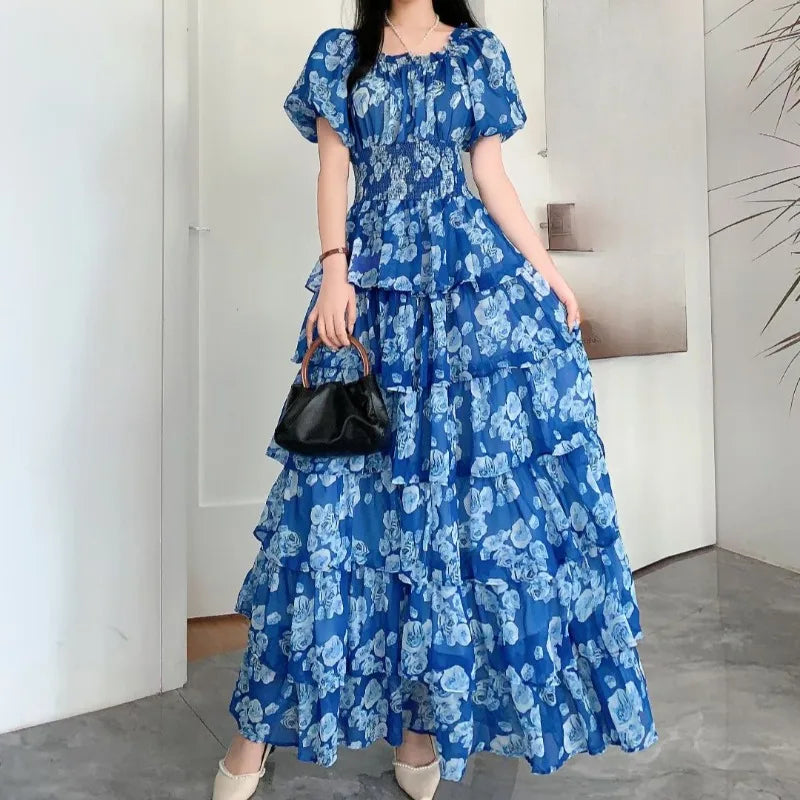 OCEANLOVE Women Dresses Puff Sleeve Print Floral Beach Style Elegant Vestidos Mujer Spring Summer Fashion A-line Long Dress