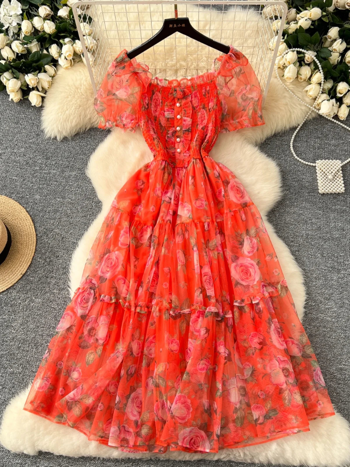 Retro Floral Chiffon Dr Women's Waist Cinched One oulder Bubble Sve Me Skirt Commute Korean Sle High Waist A-Line...