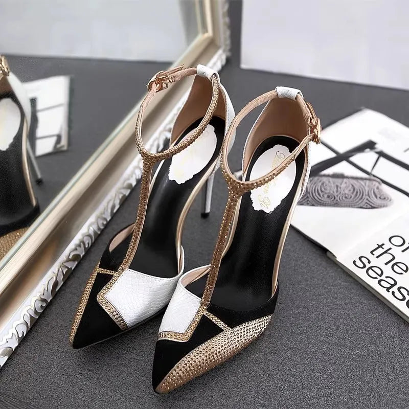 Spring and summer pointed toe hollow patent leather shoes thin high-heeled banquet dress large size small size women's sandals