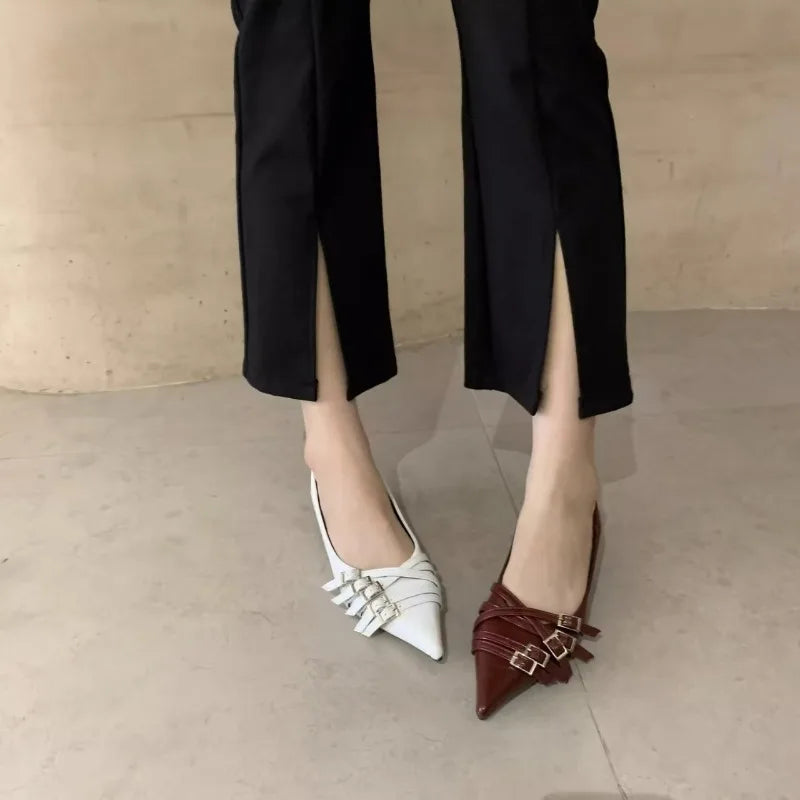 Thin Heeled Square Buckle High Heels for Women 2025 New French Style Shallow Mouth Low Heel Small Leather Shoes