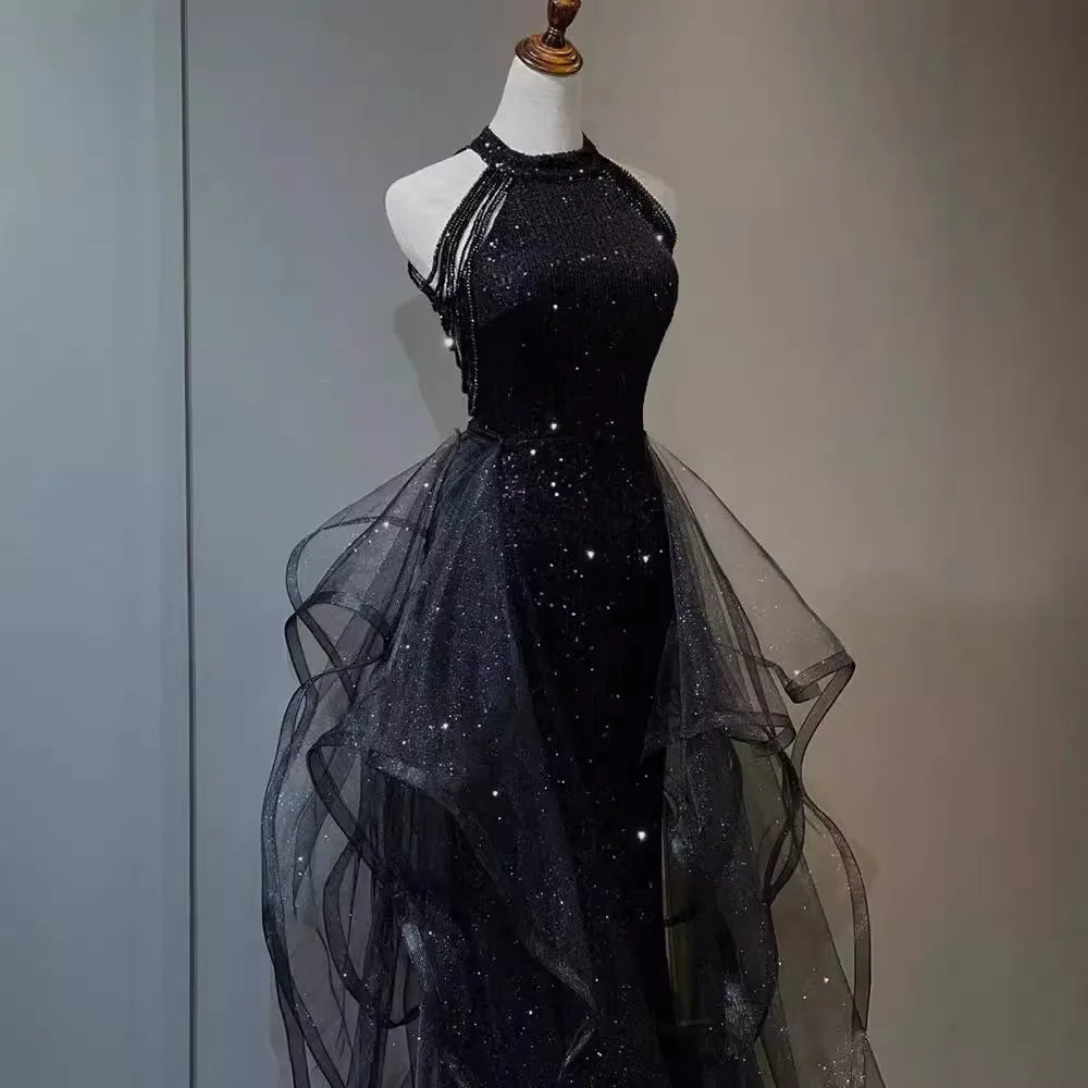 Black Sequined Evening Dress, High-end Light Luxury Hanging Neck Dress, High-end Feeling, Annual Meeting Art Exam for Women