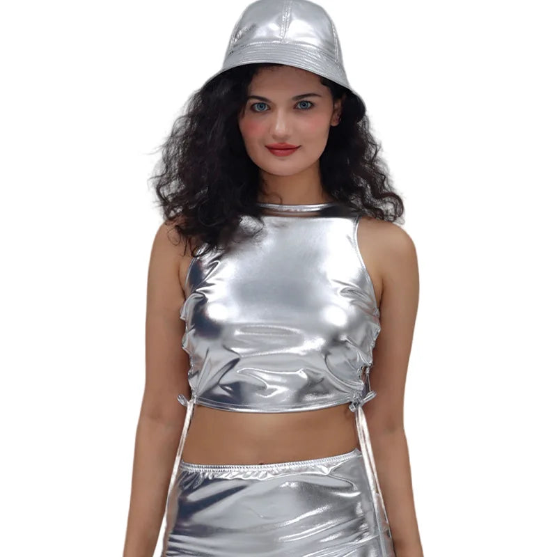 Hot Stamping Patent Leather Party Performance Costume Women's Sleeveless Strap Sleeveless Vest Nightclub Shorts Skirts