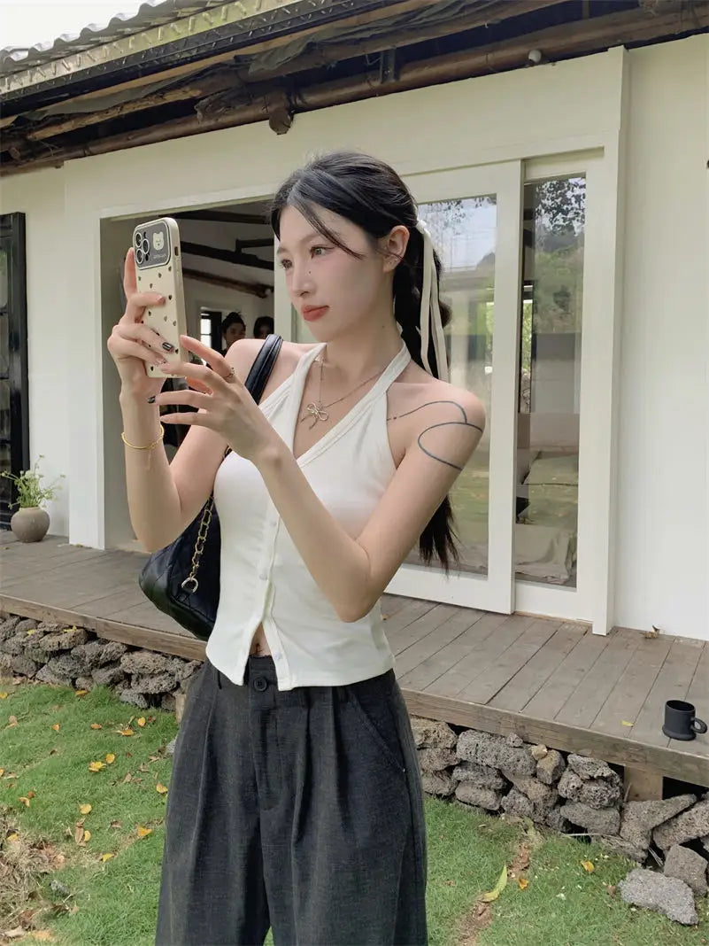 Sexy Spicy Girl Pure Color Design V-Ne Hanging Ne Vest Women's Summer Slim ort Matched with Chest Pad Top