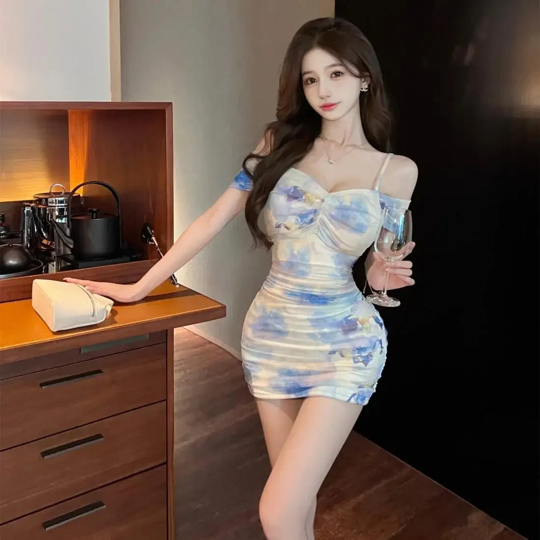 Pure Desire Off Shoulder Printed Bodycon Dress  Stretch Mesh French Niche Design