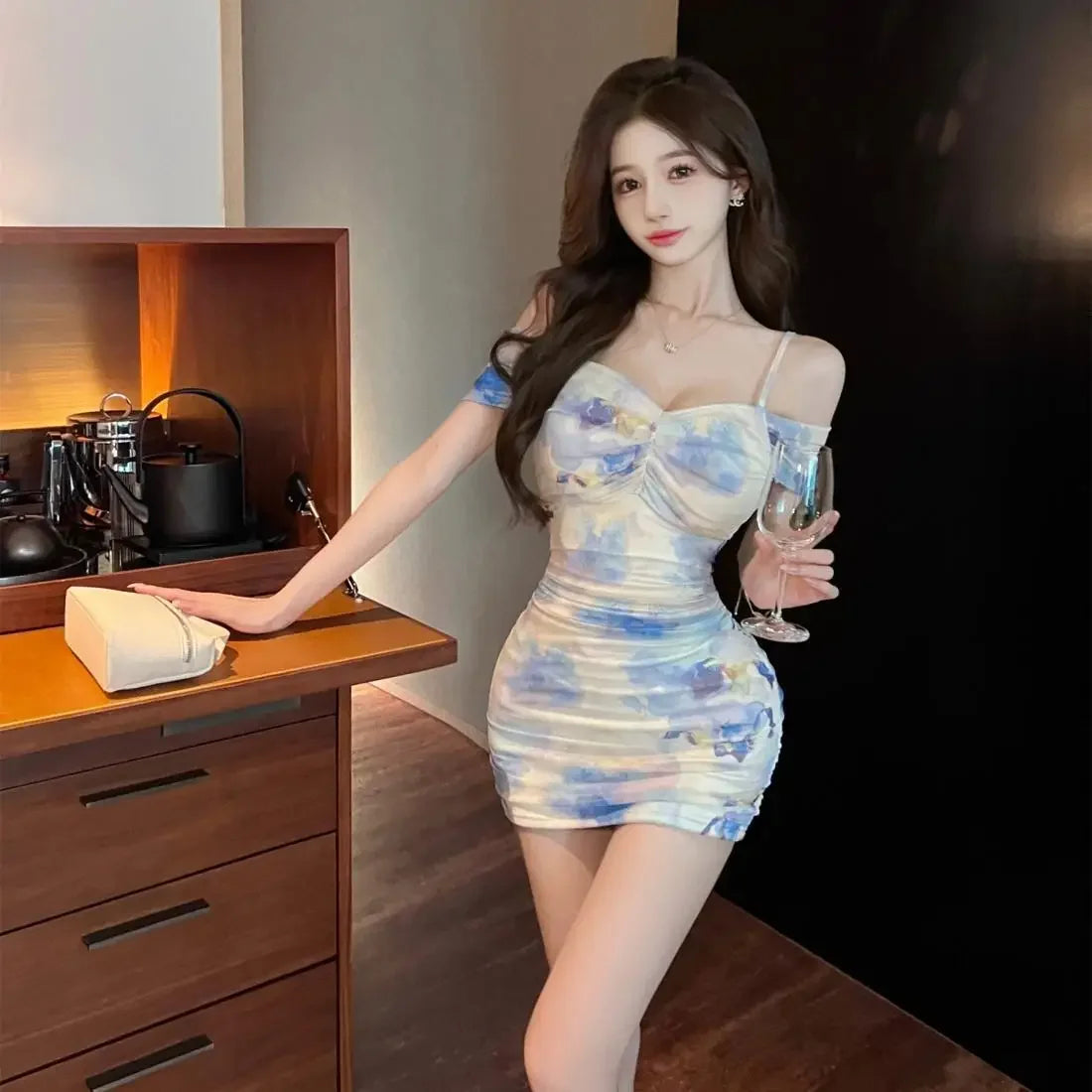 Pure Desire Off Shoulder Printed Bodycon Dress  Stretch Mesh French Niche Design