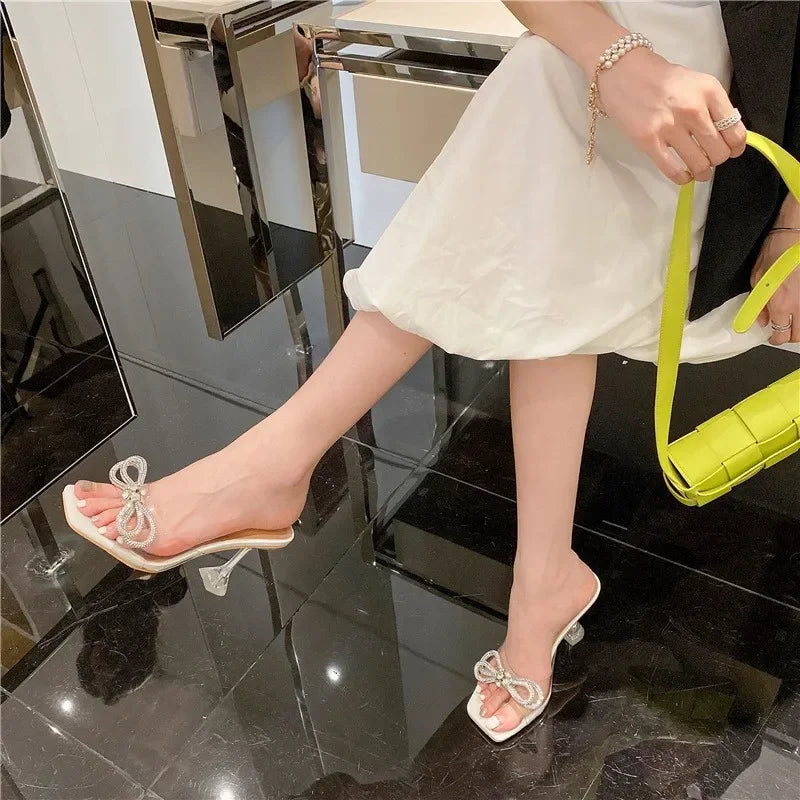 Summer New Style Luxury Fashion Sexy Comfortable Banquet Casual Rhinestone Elegant High Heels Bow Women's Slippers Zapatos Mujer