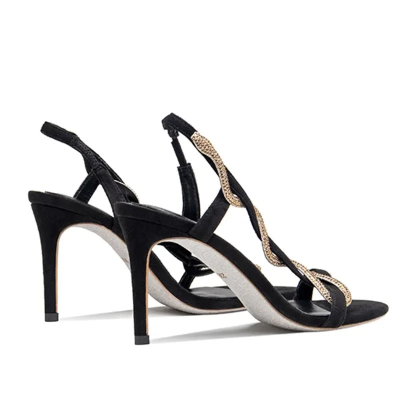 2025 Female New Serpentine Line With Fine Heel French Sandals Female Summer Drill Side Empty Sexy Open-Toed High Heels