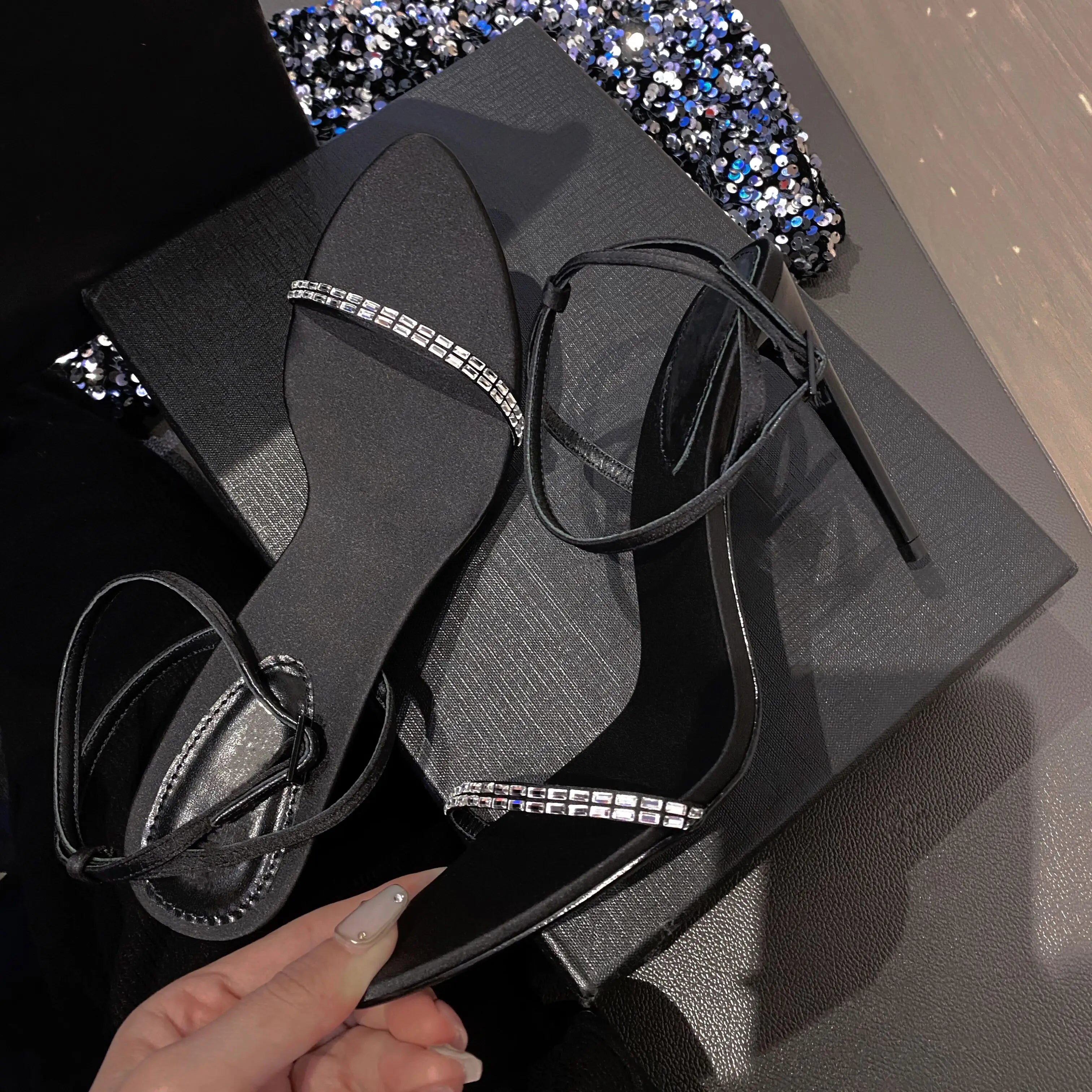 2025 Summer New Line With Rhine-Diamond Sexy Sandals Women'S Pointed Open Toe Slim Heel Beautiful Black High Heels