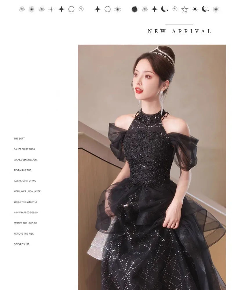 Evening Dresses Luxury 2026 Black Halter Evening Dress Corset Bodice Sequin Tulle Puffy Gown For Gala & Quinceanera